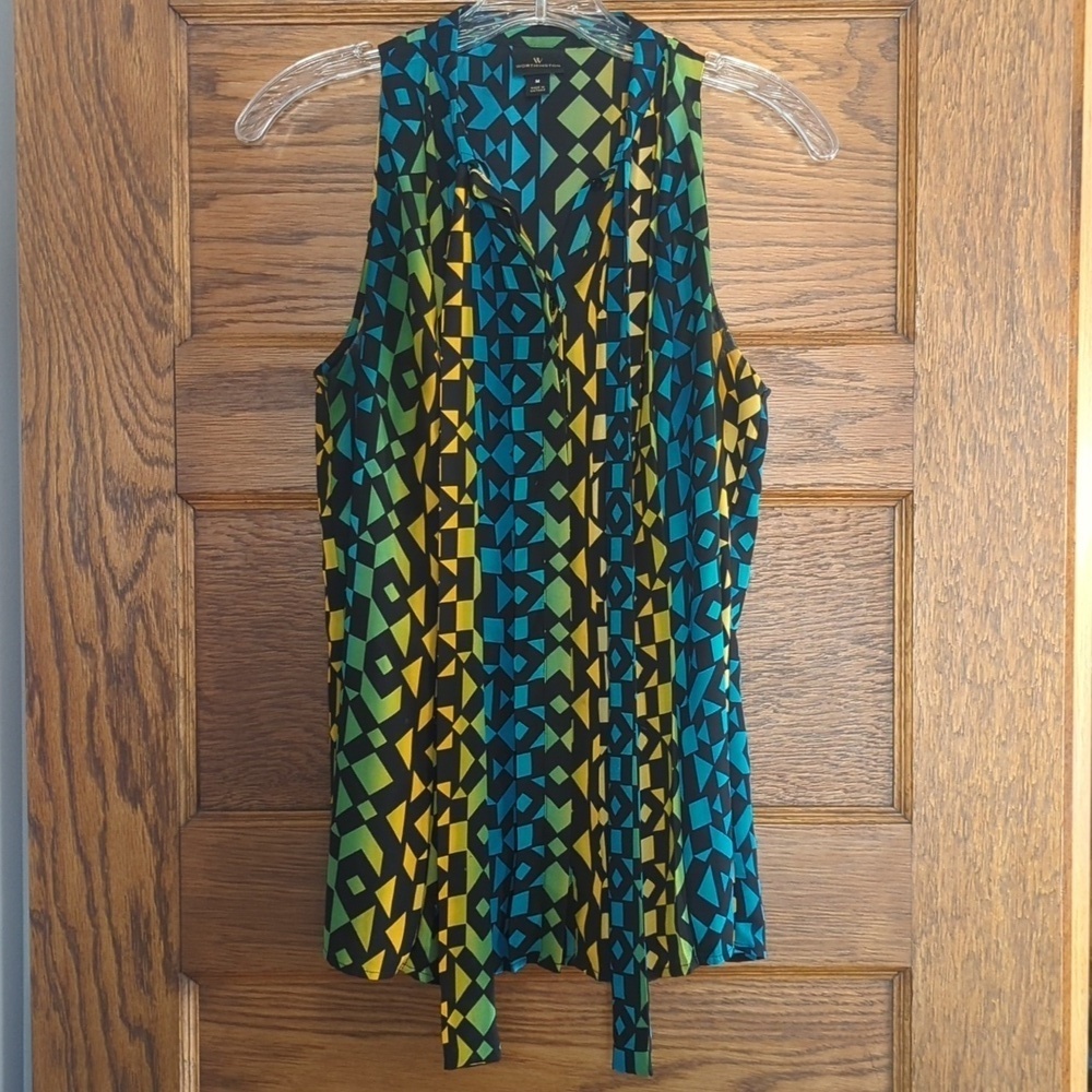 Worthington Abstract Print Sleeveless Accordion Pleated Button Down Blouse M